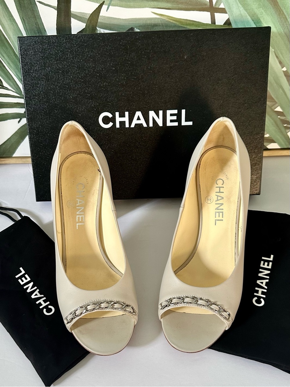 CHANEL Women's Peep-Toe Pumps with Chain Detail